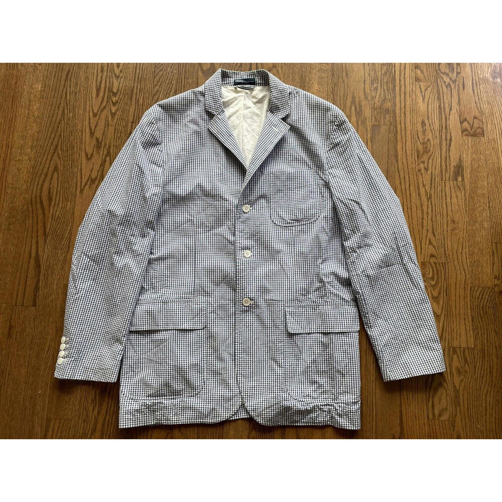 Vtg Polo Ralph Lauren Cotton Gingham Check Men's Blazer Sz L Blue and White